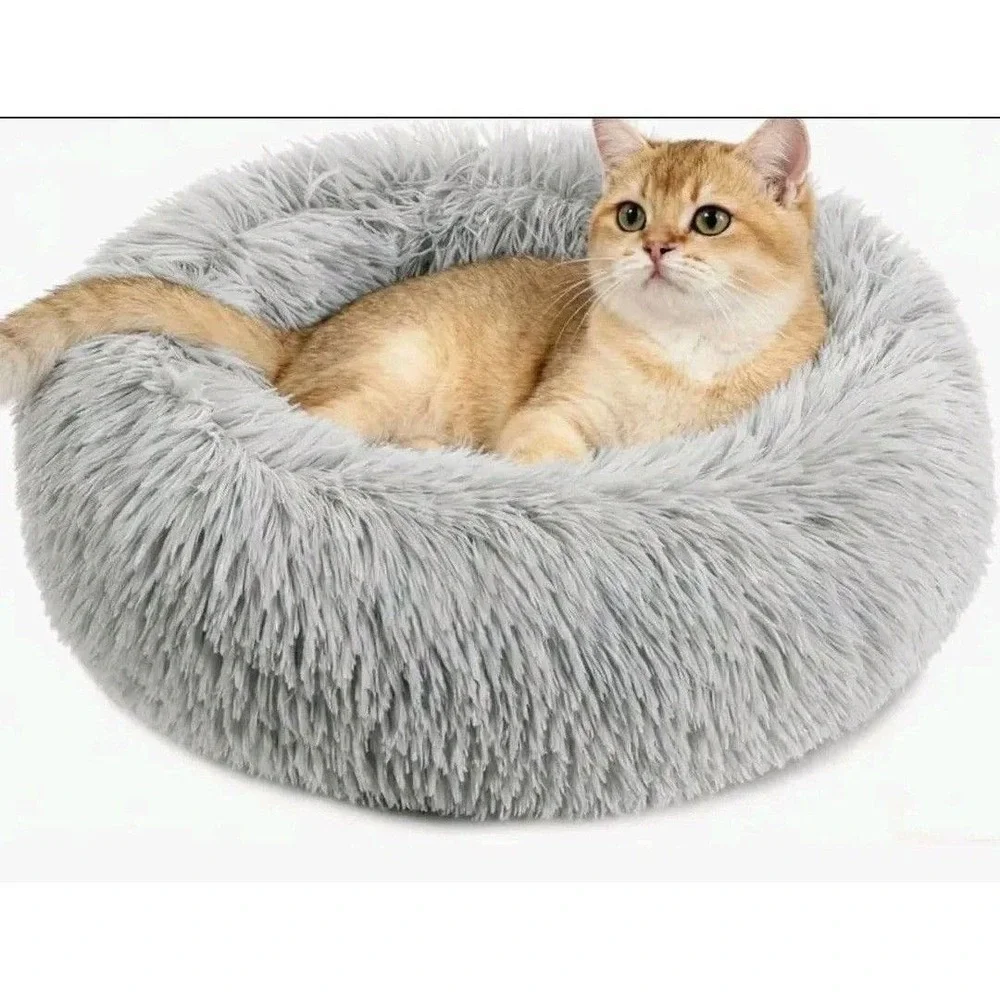 Gray Plush Donut Cat Bed Round Self Warming Calming Pet‎ Bed for Small Dogs